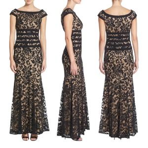 Tadashi Shoji Textured Lace Mermaid Gown Size 8 In Black Nude